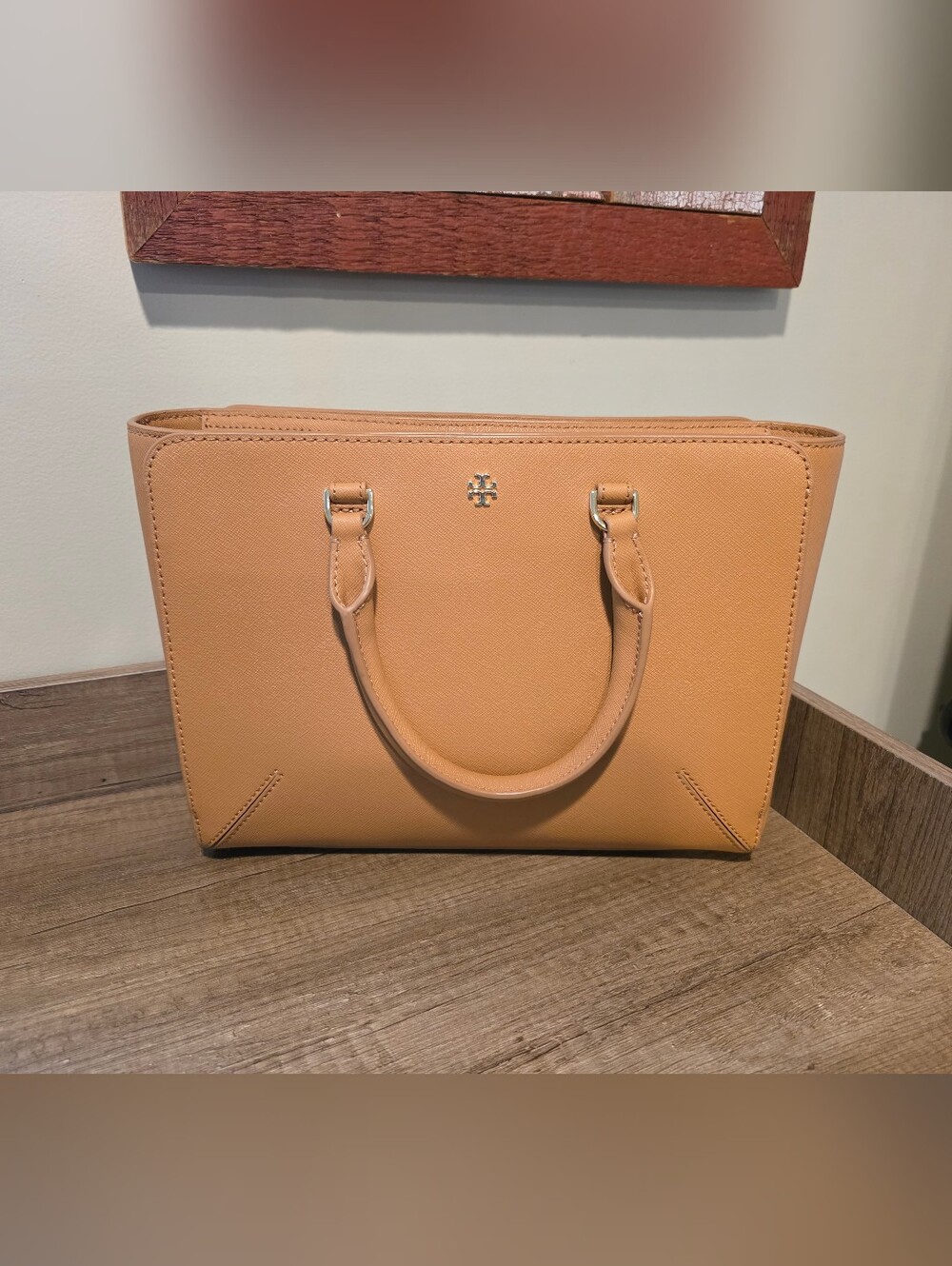 Tory Burch Peach/Tan Saffiano Leather Satchel with Gold Logo